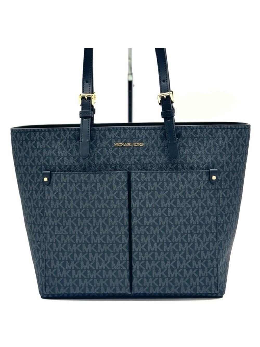 Michael Kors Navy MK Monogram Tote with Gold Accents